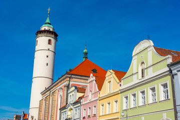 Nativity of virgin mary church at peace square in Domazlice, Cze