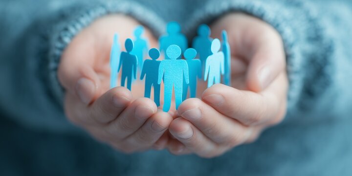 Hands holding blue paper people figurines arranged in a circle in a close-up shot. Concept for human resources, community building and social connection