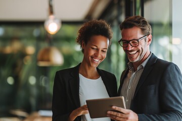 Smiling diverse business colleagues review data on a tablet in modern office space, concept for team collaboration, project management and digital transformation initiative
