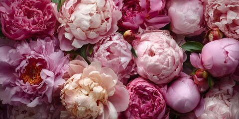 Close-up of a lush arrangement of pink peonies in full bloom showing intricate petal details, concept for wedding invitation, floral background and romantic greeting card