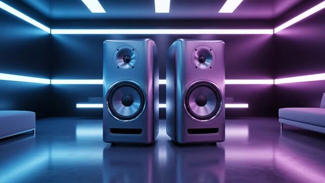 Two large modern speakers in futuristic room with neon lighting animation