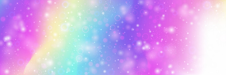 Magic Pattern. Pink Princess Background And Beautiful Unicorn Hologram. Purple Rainbow Gradient. Watercolor Girl Design In A Light Mermaid Backdrop. Blue Magic Pattern. © Holo Art