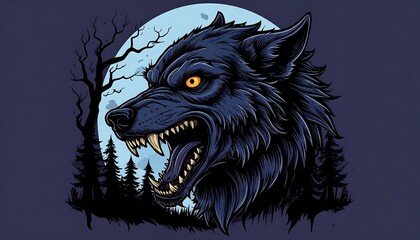 Night wolf head with moon