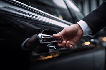 Close-up of a suited hand opening the door of a sleek black luxury car. Concept for chauffeur services, executive transportation and upscale lifestyle marketing