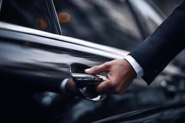 Close-up of a suited man's hand opening a black luxury car door with chrome handle. Concept for executive transportation, chauffeur services and high-end travel solutions