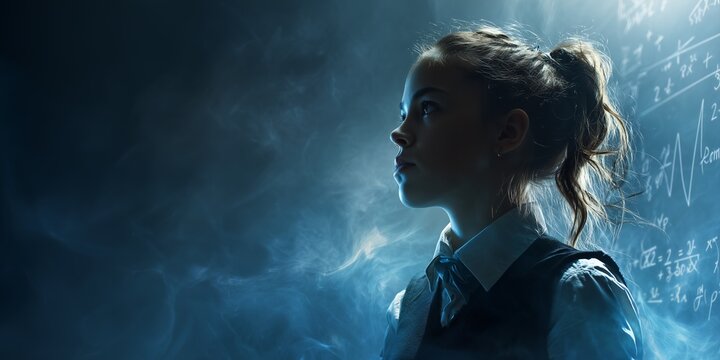 Profile view of a thoughtful young girl in uniform against a math-filled chalkboard. Concept for educational achievement, scientific research, and academic motivation, back to school - Powered by Adobe
