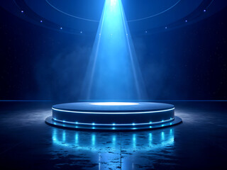 A futuristic stage scene featuring a glowing circular podium illuminated by a dramatic blue spotlight from above