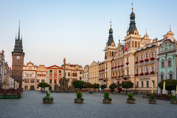 Sunrise view of the Pernstynske namesti in Pardubice, Czech repu