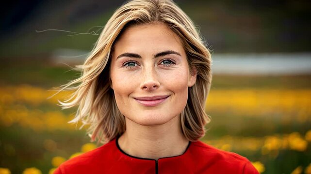 Radiant Portrait in the Fields: A serene woman exudes natural beauty as she gazes directly at the camera. The image showcases her captivating features against a background of vibrant, colorful flower
