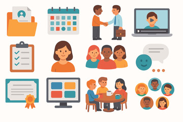 Business and office flat icon set. professional, teamwork, communication icons