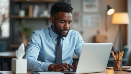 Obraz premium Focused businessman working on a laptop in a modern office