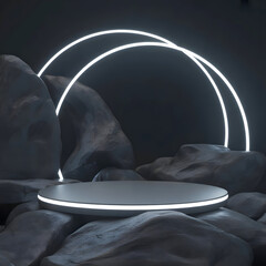 A modern, minimalistic product display scene with a sleek circular podium surrounded by dark textured rocks