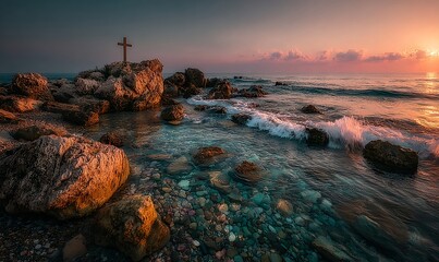Cross of worn wood facing the horizon where a tranquil ocean meets the dusk with rosy and amber glow while the surf brushes the rocks and the stillness evokes contemplative faith and tender farewell