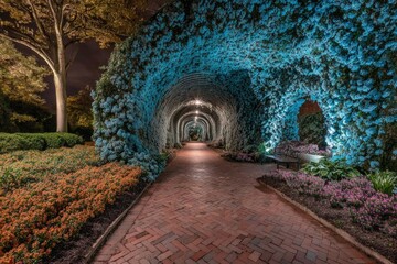 Obraz premium Nighttime garden tunnel, vibrant blooms