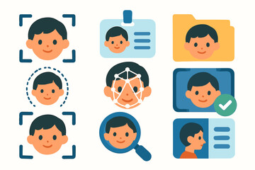 Face recognition flat icon set. biometric security, id verification flat icons