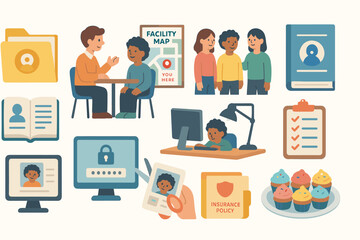 Fototapeta premium Office and people flat icon set. business, teamwork visuals in flat style.