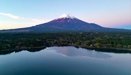 A serene, tranquil view of Mount Fuji reflected in a calm lake, showcasing the majestic mountain amidst lush greenery and a peaceful shoreline.