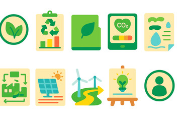 Eco-conservation flat icon set for sustainability and renewable energy projects