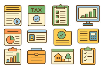 Business, finance flat icon set. charts, taxes, and office tools flat collection