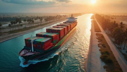 Majestic cargo ship navigating a serene waterway at sunset