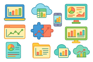 Analytical, data analysis outline icon set. analytics, visualization, metrics, graphs