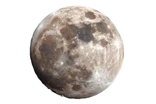 Glowing full moon revealing detailed lunar surface, raters visible against trasparent backdrop, ideal fo graphic design compositios