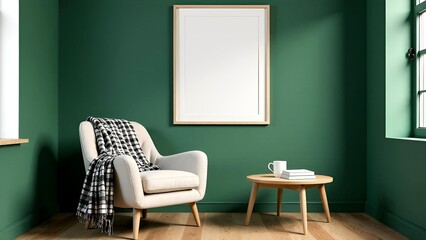 Scandy minimal interior with armchair, table, green plant and painting empty mock up