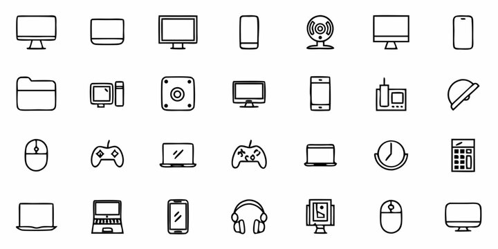 Collection of various outline icons representing electronic devices and office related items in a grid