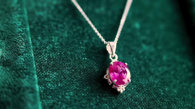 Ruby pendant necklace on teal velvet; jewelry ads