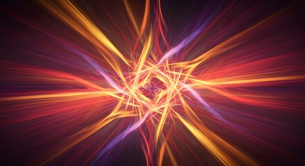 A radiant burst of intertwined fiery orange and purple light trails forms a glowing star-like shape against a dark background, creating a powerful, dynamic, and energetic abstract design full of vibra