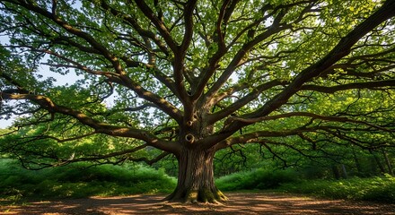 Obraz premium Magnificent Oak Tree in a Lush Green Forest.