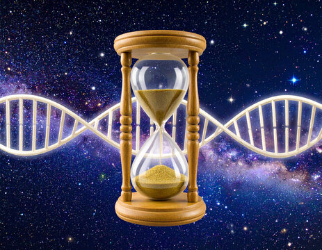 Cosmic Hourglass and DNA Helix Illustrating the Genetic Clock, Aging, and Lifes Passage.