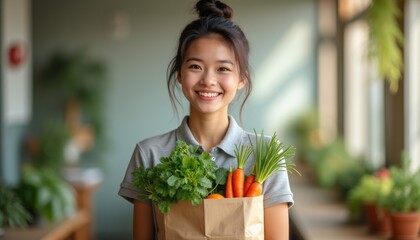 Smiling woman holding a bag of fresh vegetables