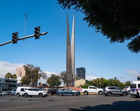 Tijuana, BC, Mexico - Aug. 2025: Photo of Monumento M&eacute;xico, also known as &ldquo;las Tijeras&rdquo; (&ldquo;the scissors&rdquo;) due to its intersecting blade-like forms&mdash;it resembles a stylized letter M for &ldquo;M&eacute;xico.&rdquo; 