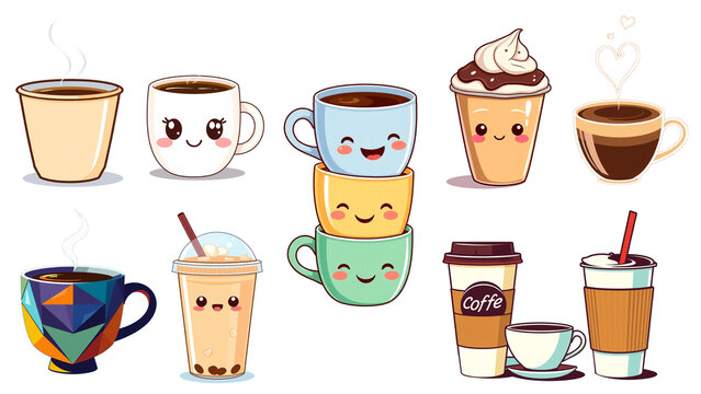 A colorful vector illustration set of different hot drinks with coffee and tea mugs, cups, and glasses