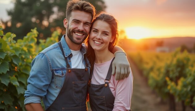 Happy couple smiling in a vineyard at sunset - Powered by Adobe