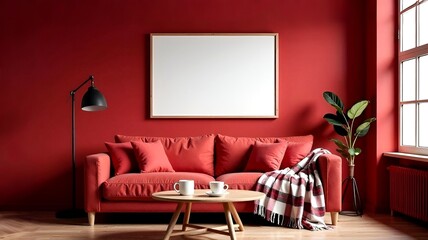scandinavian interior, sofa with checkered blanket, interior table with stack of books on it, wooden floors, a big vertical picture frame hanging on the wall, mockup