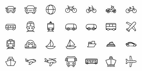 Collection of transportation icons including cars, bikes, boats, planes and other vehicles shown in black