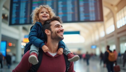 Joyful father carrying his smiling daughter at the airport