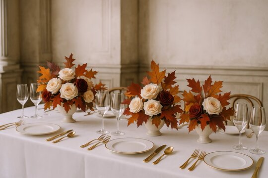 Elegant classic wedding table setting with autumn foliage and roses for an exquisite celebration. concept of wedding decor, elegant dining, seasonal celebration
