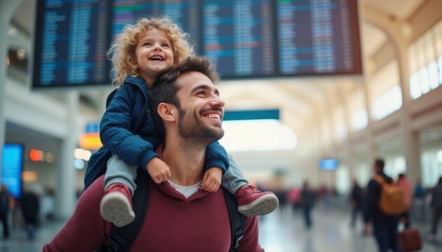 Joyful father carrying his smiling daughter at the airport