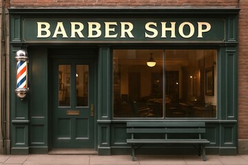 Classic barbershop facade with vintage signage and timeless design in urban setting. concepts of retro style, traditional barbering, urban architecture