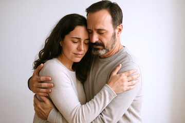 Fototapeta premium Warm embrace of a couple sharing tender moment of affection and emotional connection in a calm indoor setting. concept of love, comfort, bonding