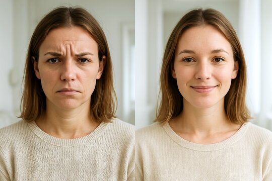 Young caucasian woman before and after resting expression change in split view concept of stress relief, emotional transformation, relaxing effect