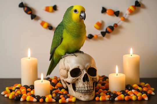 Green parrot sitting on a skull surrounded by halloween candy corn and lit candles. concept of halloween decor, spooky atmosphere, festive bird illustration