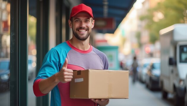 Cheerful delivery man giving a thumbs up with a package