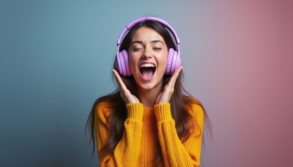 Joyful woman enjoying music with vibrant headphones