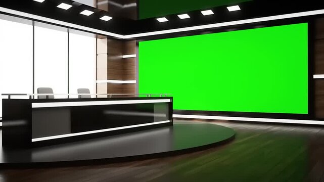 Modern News Studio Virtual Set with Green Screen for Broadcast and Media Production