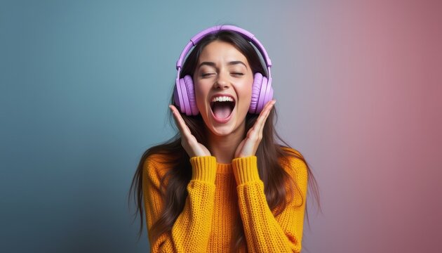 Joyful woman enjoying music with vibrant headphones