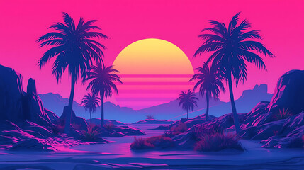 Vibrant synthwave landscape featuring palm trees silhouetted against a glowing retro sunset with pink and purple hues.